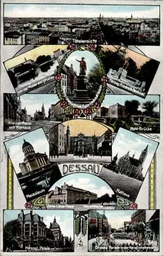 Ak Dessau in Sachsen Anhalt, Ansicht der Stadt  Rathäuser, Denkmäler, Muld-Brücke, Herzoglich Pal