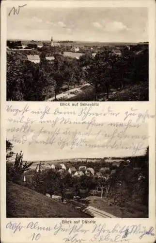 Ak Däbritz Schrebitz Ostrau in Sachsen, Vorderansicht von Schrebitz, Landschaft, Blick auf Däbrit