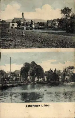 Ak Schaftlach Waakirchen Oberbayern, Teilansichten, Kirche, Teich