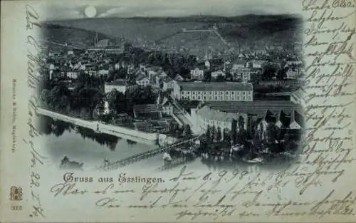 Ak Esslingen am Neckar, Stadtansicht von   Gebäude, Fluss, Brücke, Mond