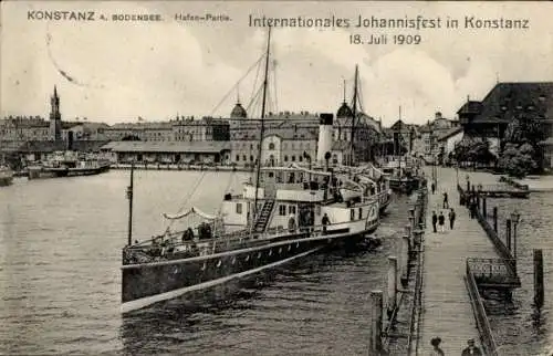 Ak Konstanz am Bodensee, Hafenansicht, Schiffe, Internationales Johannisfest, 18. Juli 1909