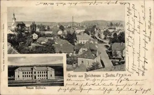 Ak REICHENAU IN SACHSEN = Bogatynia Reichenau in Sachsen Schlesien,  mit Ansicht der Neuen Schule