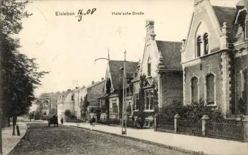 Ak Lutherstadt Eisleben, Halle'sche Straße,  Gebäude, alter Straßenbelag, Pferdefuhrwerk