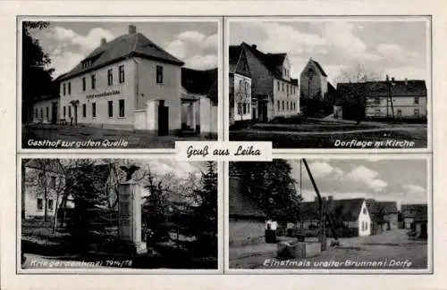 Ak Leiha Roßbach Braunsbedra, Gasthof Zur guten Quelle, Dorflage, Kirche, Kriegerdenkmal