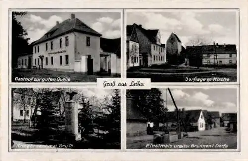 Ak Leiha Roßbach Braunsbedra, Gasthof Zur guten Quelle, Dorflage, Kirche, Kriegerdenkmal