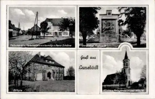 Ak Lunstädt Braunsbedra im Saalekreis, Fleischerei und Materialwarenhandlung Schöne, Denkmal, Schule
