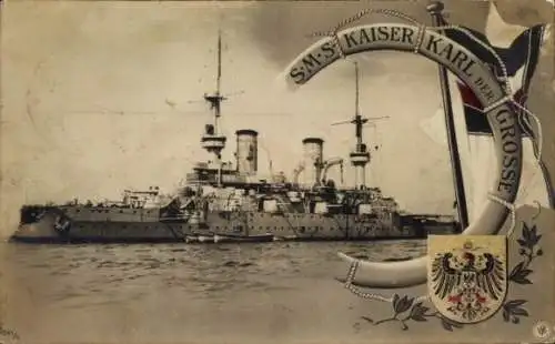 Ak Deutsches Kriegsschiff SMS Kaiser Karl der Große, Linienschiff, Kaiserliche Marine, Wappen