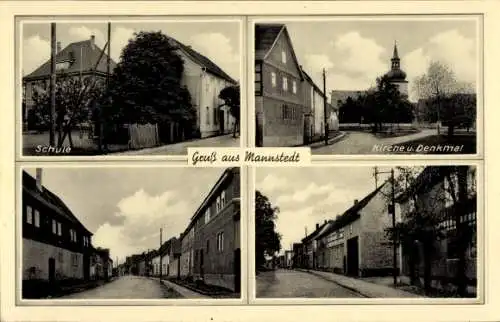 Ak Mannstedt Buttstädt in Thüringen, Schule, Kirche, Denkmal, Gruß aus  vier Ansichten