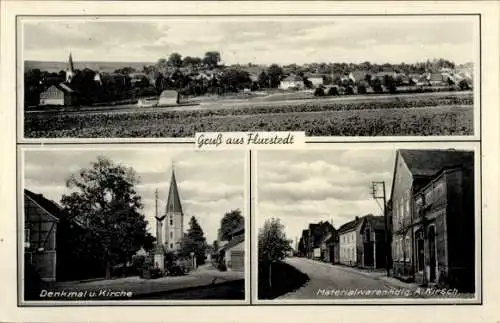 Ak Flurstedt Apolda in Thüringen, Denkmal, Kirche, Materialwarenhandlung von A. Kirsch