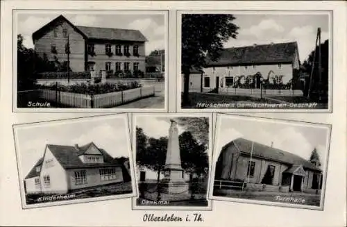 Ak Olbersleben Buttstädt in Thüringen, Schule, Kinderheim, Gemischtwaren-Geschäft, Denkmal, Turnh