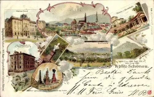 Litho Teplice Teplitz Schönau Region Aussig, Panoram,Eichwald, Kaiserbad, Fachschule, Theater