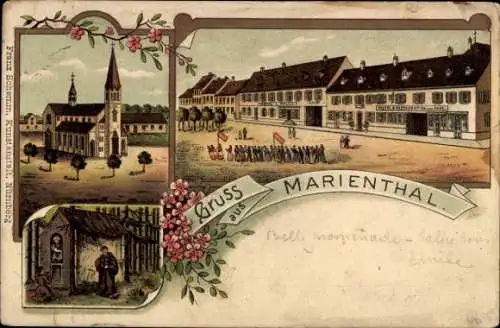 Litho Marienthal Haguenau Hagenau Elsass Bas Rhin, Kirche, Gasthof, Mönch