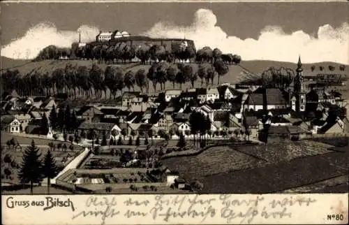 Ak Bitche Bitsch Lothringen Moselle, Vorderansicht einer Stadt, Kirche, Hügel im Hintergrund, Pla
