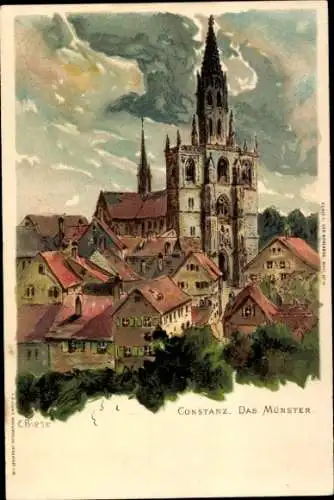 Ak Konstanz am Bodensee, Das Münster, Häuser, Himmel, Farbige Zeichnung, C. Biese