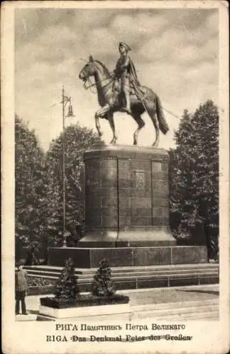 Ak Riga Lettland, Reiterstandbild, Peter der Große, Denkmal, Bäume,  Karte