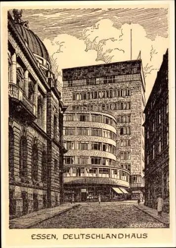 Ak Essen im Ruhrgebiet, Deutschlandhaus, Architektur, M. Rockenbach, Stadtansicht, alte Zeichnung
