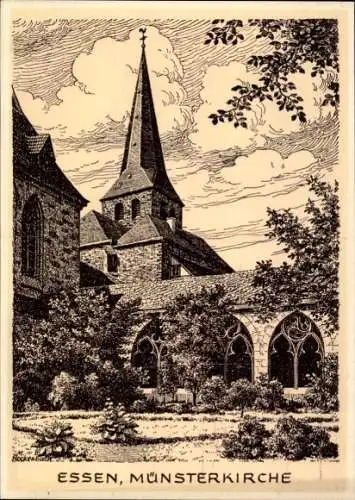Ak Essen im Ruhrgebiet, Münsterkirche, Zeichnung,  Architektur, Natur, Wolken