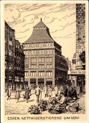 Ak Kettwig Essen im Ruhrgebiet, Zeichnung der Kettwigerstraße,  Architektur, Schaufenster, Mensch