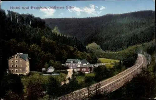 Ak Gehlberg Suhl in Thüringen, Gehlberger Mühle, Hotel und Pension, Gebirgslandschaft, Bahnlinie,