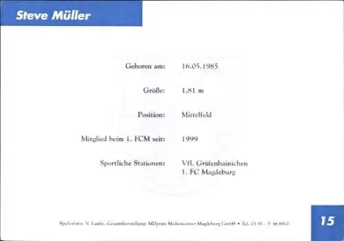 Autogrammkarte Fußballer Steve Müller, 1. FC Magdeburg, Autogramm