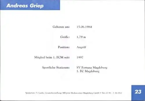 Autogrammkarte Fußballer Andreas Griep, 1. FC Magdeburg, Autogramm