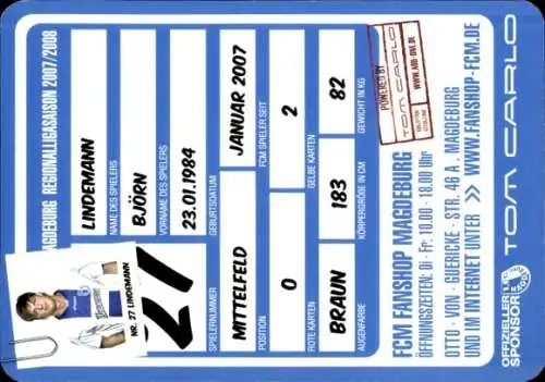 Autogrammkarte Fußballer Björn Lindemann, 1. FC Magdeburg, Autogramm
