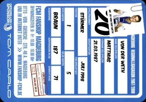 Autogrammkarte Fußballer Matthias von der Weth, 1. FC Magdeburg, Autogramm