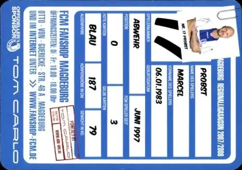 Autogrammkarte Fußballer Marcel Probst, 1. FC Magdeburg, Autogramm