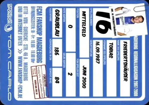 Autogrammkarte Fußballer Tobias Friebertshäuser, 1. FC Magdeburg, Autogramm