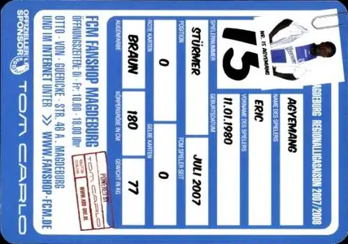 Autogrammkarte Fußballer Eric Agyemang, 1. FC Magdeburg, Autogramm