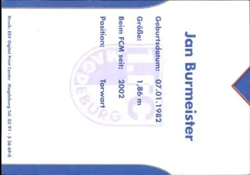 Autogrammkarte Fußballer Jan Burmeister, 1. FC Magdeburg, Autogramm