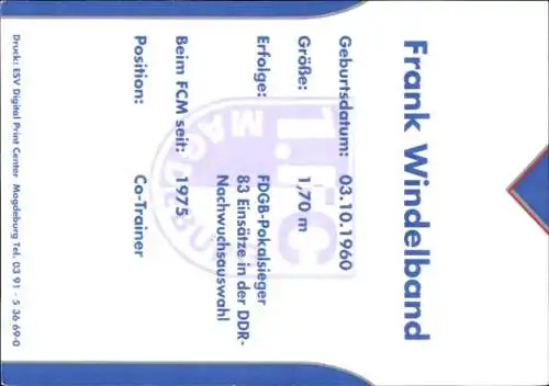 Autogrammkarte Co Trainer Frank Windelband, 1. FC Magdeburg, Autogramm