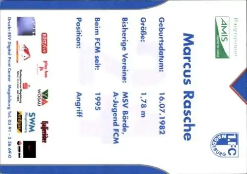 Autogrammkarte Fußballer Marcus Rasche, 1. FC Magdeburg, Autogramm