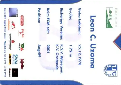 Autogrammkarte Fußballer Leon C. Uzoma, 1. FC Magdeburg, Autogramm