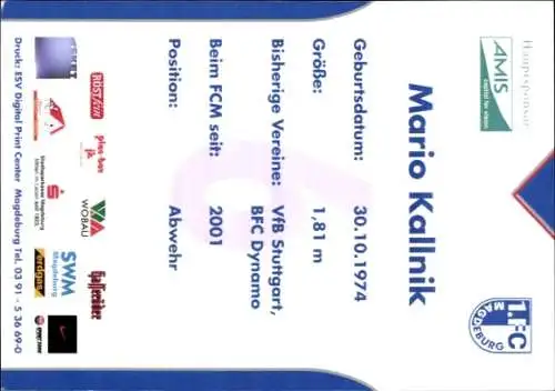 Autogrammkarte Fußballer Mario Kallnik, 1. FC Magdeburg, Autogramm