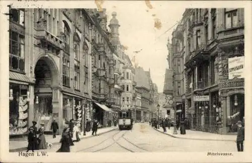 Ak Hagen in Westfalen, Mittelstraße, Straßenbahn