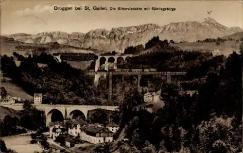Ak Bruggen Kt. St. Gallen Schweiz, Sitterviadukte mit Säntisgebirge