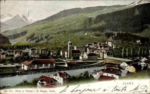 Ak Ilanz Kt. Graubünden, Panorama der Stadt, Fluss, Brücke
