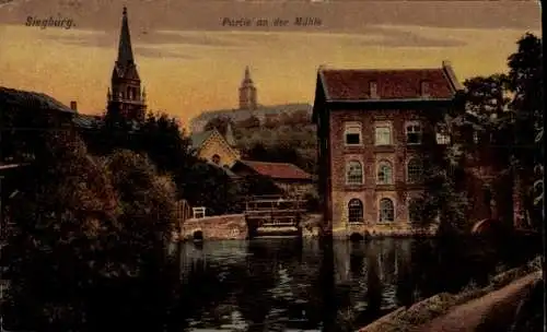 Ak Siegburg an der Sieg, Partie an der Mühle,  Gebäude, Wasserlauf, Kirche