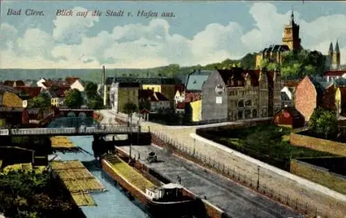Ak Bad Cleve Kleve am Niederrhein, Stadtansicht von  Hafen, Brücke, alte Gebäude