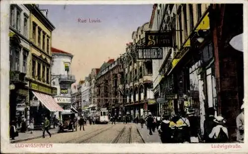 Ak Ludwigshafen am Rhein, Ludwigstraße, Geschäfte, Straßenbahn