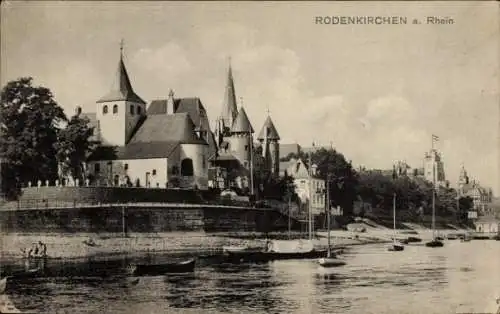 Ak Rodenkirchen Köln am Rhein, Historisches Gebäude, Rhein, Boote, Bäume, klare Himmel