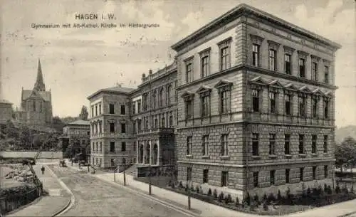 Ak Hagen in Westfalen, Gymnasium, Alt-Katholische Kirche,  Architektur, ruhige Straße