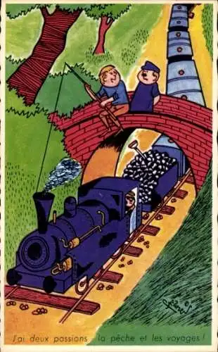 Künstler Ak J'ai deux passions la pêche et les voyages, Humor