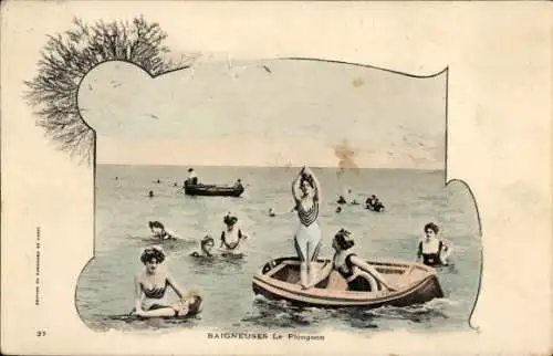 Ak Frauen im Wasser, Bademode, Ruderboot