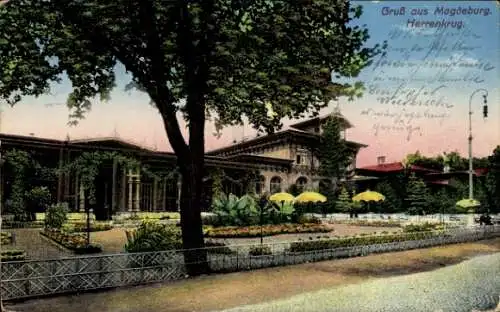 Ak Herrenkrug Magdeburg, Herrenkrug, Gaststätte, Bäume, Blumenrabatten, Tische mit Sonnenschirmen