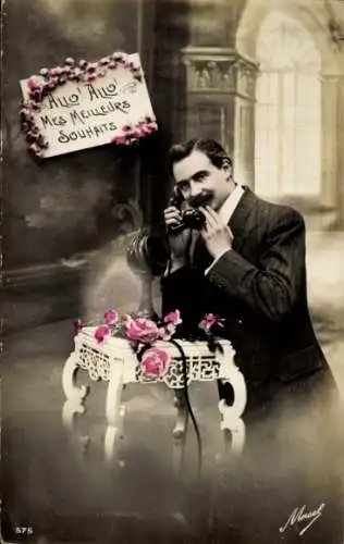 Ak Mann beim Telefonieren, Telefon, Blumen