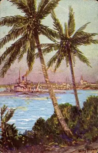 Künstler Ak Stöwer, Willy, Daressalam Tansania, Kriegsschiff, Palmen, Kolonialkriegerdank