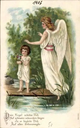 Künstler Ak Schutzengel wacht über Kind auf einem Steg