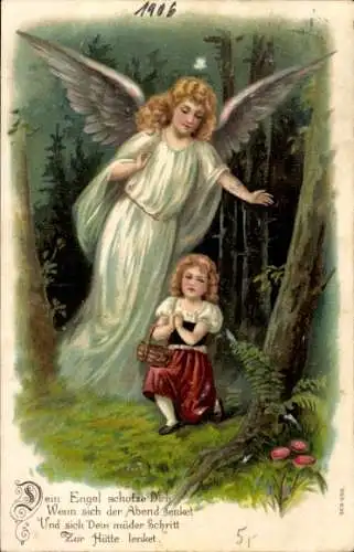 Ak Schutzengel wacht über Mädchen im Wald, Dein Engel schütze Dich